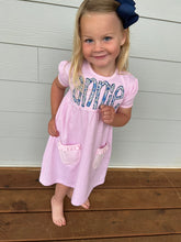 Load image into Gallery viewer, Monogrammed girls dress, personalized girls dress, pima cotton, pocket dress for girls, sk creations, pima cotton
