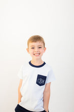 Load image into Gallery viewer, Monogrammed boy shirt, preppy boys shirt, personalized boys pocket shirt, pima cotton, super soft shirt
