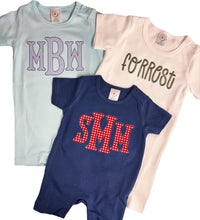 Load image into Gallery viewer, Baby boys outfit, toddler boys outfit, monogrammed romper, personalized summer outfit, short sleeve boys outfit, sk creations
