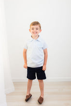 Load image into Gallery viewer, Boys Monogrammed polo, boys polo, personalized polo, 4th of july outfit, boys, pima cotton, sk creations, blue mini stripe
