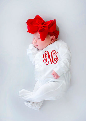 Baby girl Christmas outfit, baby girl coming home outfit, baby girl clothing, girl firefighter outfit, ruffle footie