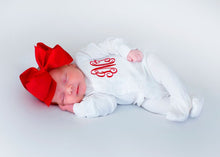 Load image into Gallery viewer, Baby girl Christmas outfit, baby girl coming home outfit, baby girl clothing, girl firefighter outfit, ruffle footie
