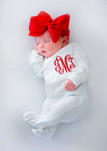 Load image into Gallery viewer, Baby girl Christmas outfit, baby girl coming home outfit, baby girl clothing, girl firefighter outfit, ruffle footie
