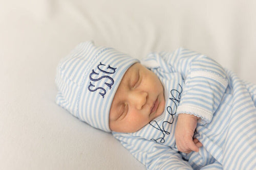 Baby boy coming home outfit, monogrammed gown, personalized gown and cap, pima cotton, baby shower gift