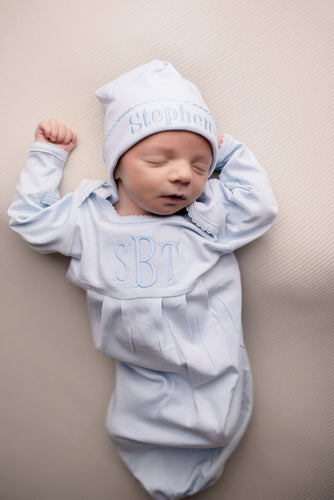 Baby boy coming home outfit, monogrammed gown, boys gown, sk creations, pima cotton