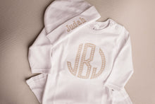 Load image into Gallery viewer, Baby boy hospital outfit, coming home outfit, monogrammed, sk creations, tan
