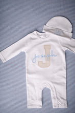 Load image into Gallery viewer, Baby boy hospital outfit, coming home outfit, monogrammed, sk creations, tan
