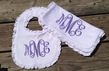 Load image into Gallery viewer, Monogrammed bib and burp cloth set, newborn gift, baby shower gift, burp cloth, bib, custom, ARB, personalized, girl, boy
