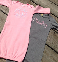 Load image into Gallery viewer, Monogrammed gown, personalized sleeper, layette, coming home outfit, newborn, baby, embroidered, initials, name, sleeper
