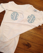 Load image into Gallery viewer, Monogrammed gown, personalized sleeper, layette, coming home outfit, newborn, baby, embroidered, initials, name, sleeper
