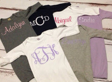 Load image into Gallery viewer, Monogrammed gown, personalized sleeper, layette, coming home outfit, newborn, baby, embroidered, initials, name, sleeper
