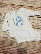 Load image into Gallery viewer, Monogrammed gown, personalized sleeper, layette, coming home outfit, newborn, baby, embroidered, initials, name, sleeper
