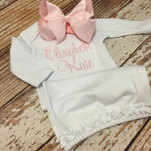 Load image into Gallery viewer, Monogrammed gown with matching bow, personalized baby gown, coming home outfit, monogram, newborn pictures, baby, custom
