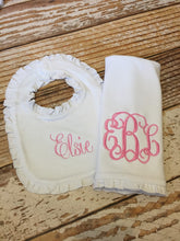 Load image into Gallery viewer, Monogrammed bib, monogrammed burp cloth set, newborn gift, baby shower gift, arb, burp cloth, bib, custom, personalized, girl, boy
