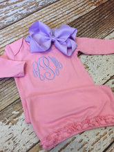 Load image into Gallery viewer, Baby girl coming home outfit, Monogrammed gown, personalized baby gown, coming home outfit, monogram, newborn pictures, baby shower gift
