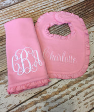 Load image into Gallery viewer, Monogrammed bib and burp cloth set, newborn gift, baby shower gift, burp cloth, bib, custom, ARB, personalized, girl, boy
