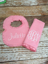 Load image into Gallery viewer, Monogrammed bib and burp cloth set, newborn gift, baby shower gift, burp cloth, bib, custom, ARB, personalized, girl, boy
