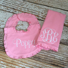 Load image into Gallery viewer, Monogrammed bib and burp cloth set, newborn gift, baby shower gift, burp cloth, bib, custom, ARB, personalized, girl, boy
